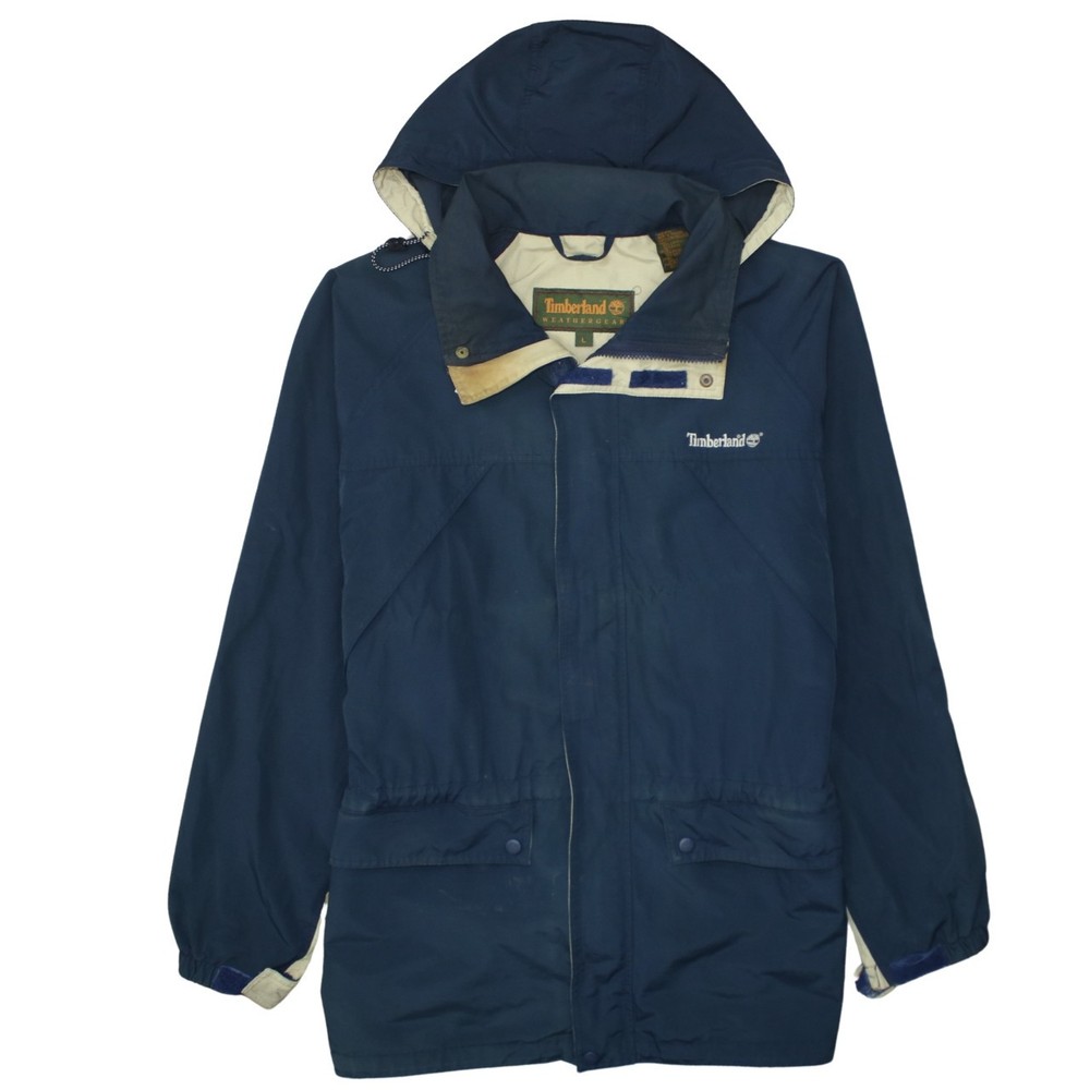 Timberland Mens Windbreaker Navy Blue Hooded Full Zip Hiking Jacket Pockets L