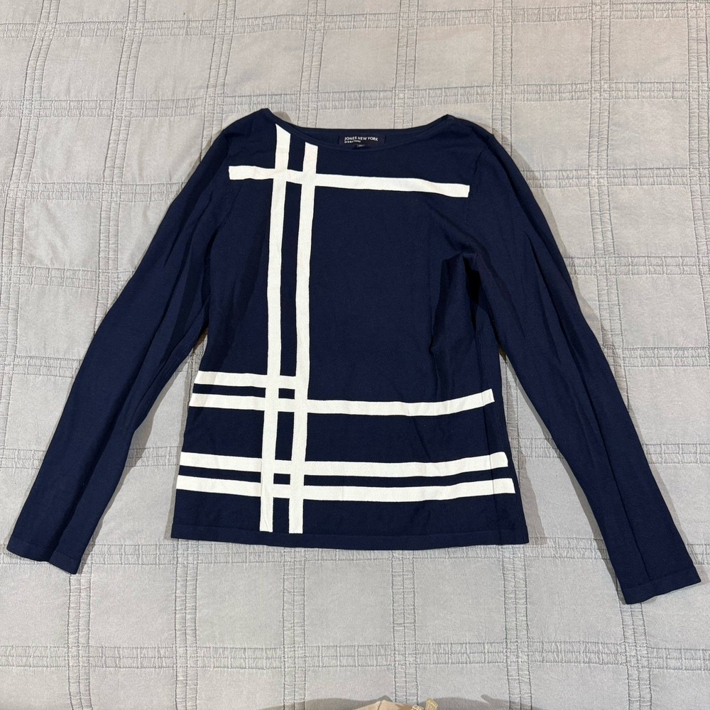 Jones New York Women's Long Sleeve Shirt Blouse Navy Blue Sz M
