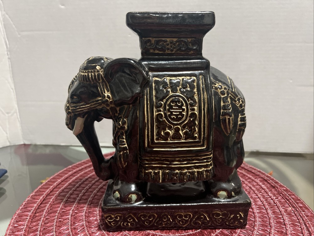 Vintage Heavy Ceramic Elephant Statue for Garden Plant Stand or Bookend