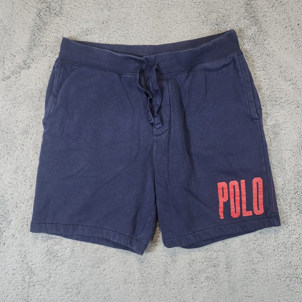 Polo Ralph Lauren Fleece Shorts Mens Medium Navy Blue Graphic RL 67 Sweat Shorts