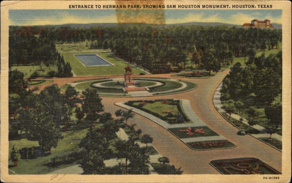 Hermann Park Sam Houston Monument Houston Texas TX aerial view~mailed 1956