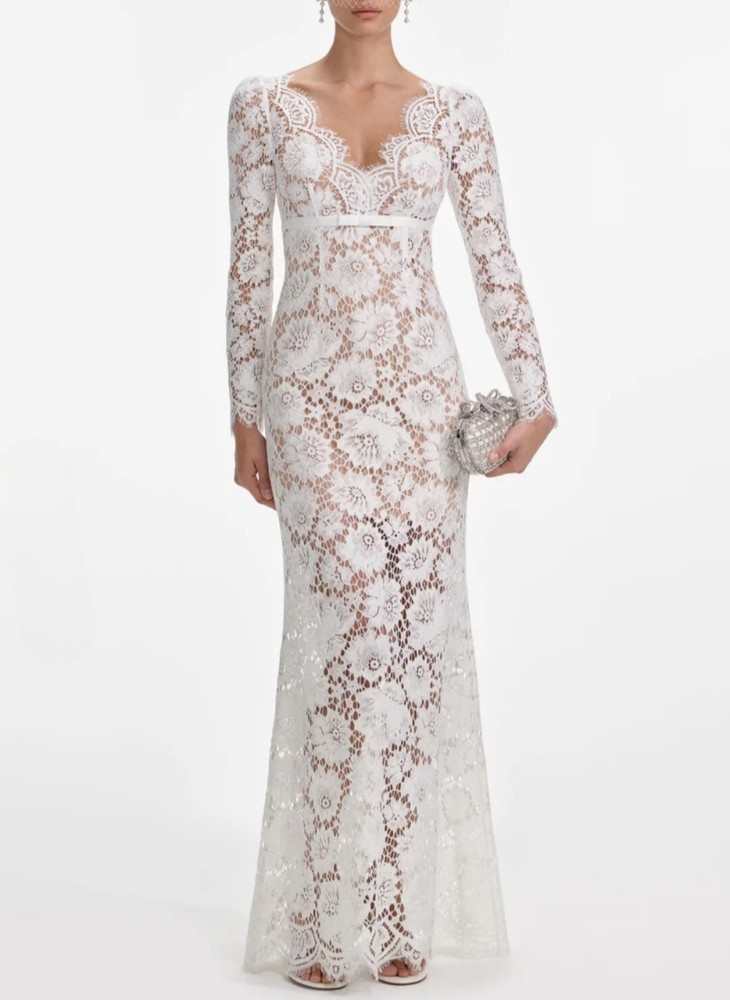 Women Self-Portrait V-neck Embroidered Slim Fit Long Sleeve Maxi Dress