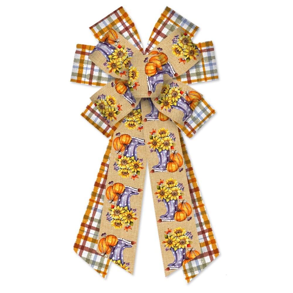 Large Thanksgiving Fall Wreath Bows with Pumpkin Sunflower Plaid and Burlap