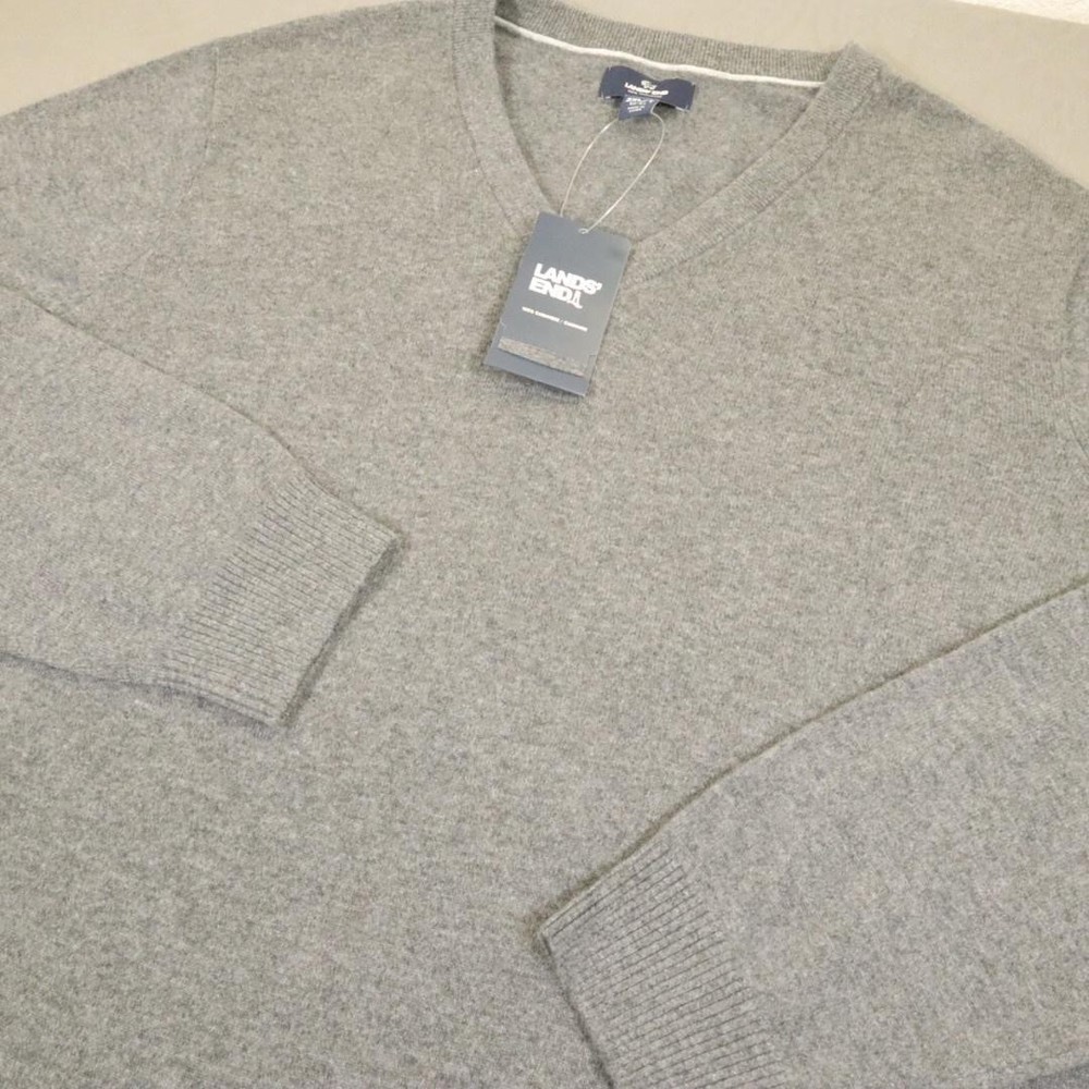 New Lands' End Cashmere Sweater Mens 2XLT Tall Gray V Neck Soft Knit Pullover
