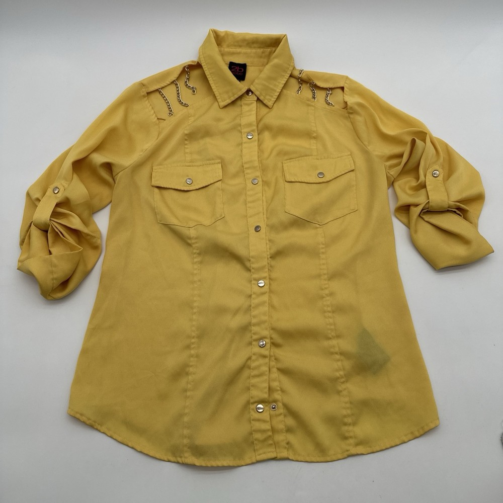 2B Bebe Button Up Shirt  Women XS Yellow Solid Pockets …#23317
