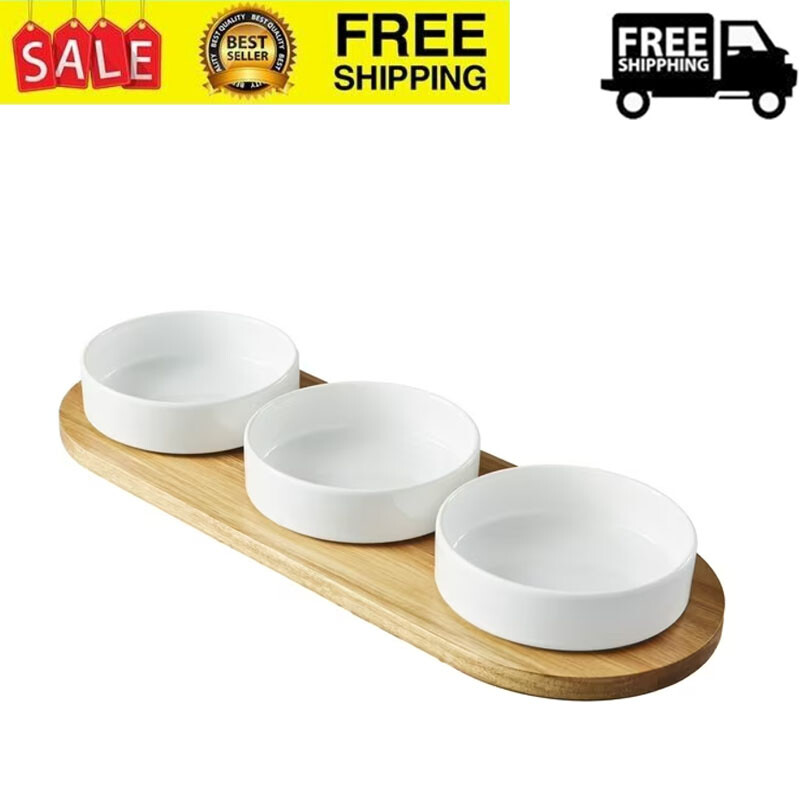 Acacia Wood Tray and Stoneware Bowl for Condiment 19.69 x 7.28 x 2.17 in US-image