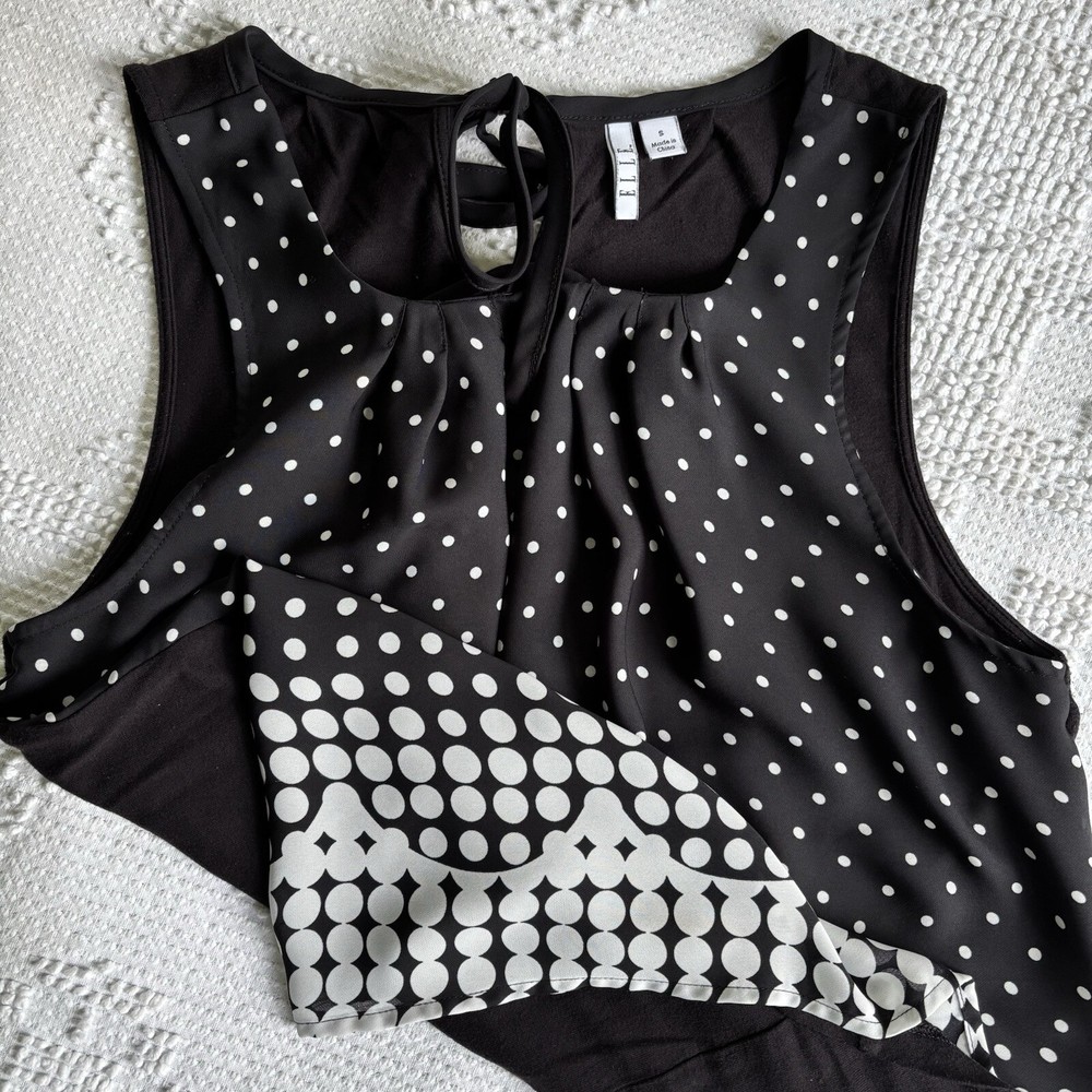 Elle womens size Small black and white polka dot keyhole tie back tank top