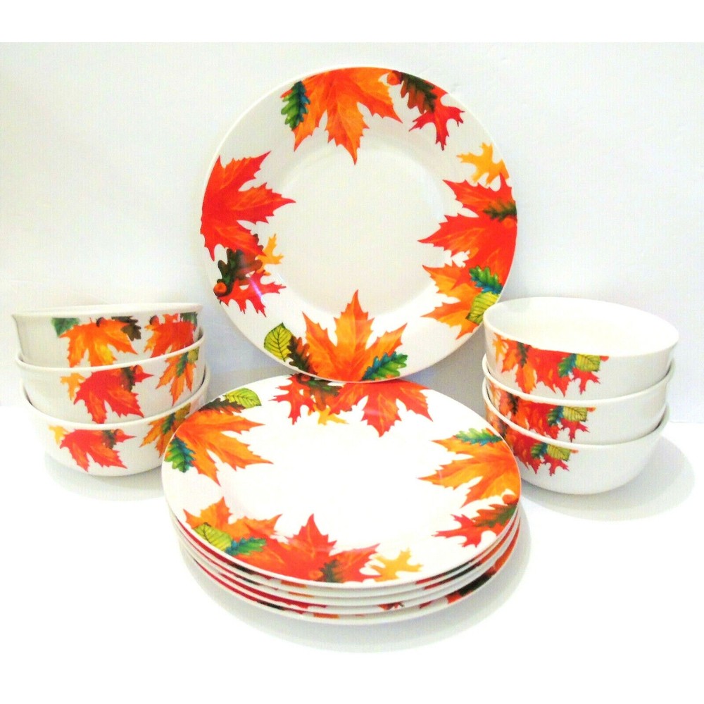 Royal Norfolk Dinnerware Ceramic Autumn Leaves Dinner Plates & Bowls 12 Pc Set