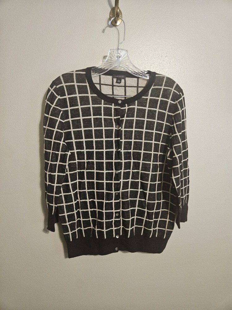 Ann Taylor Womens Cardigan Black Beige Button Front Sweater Size XL