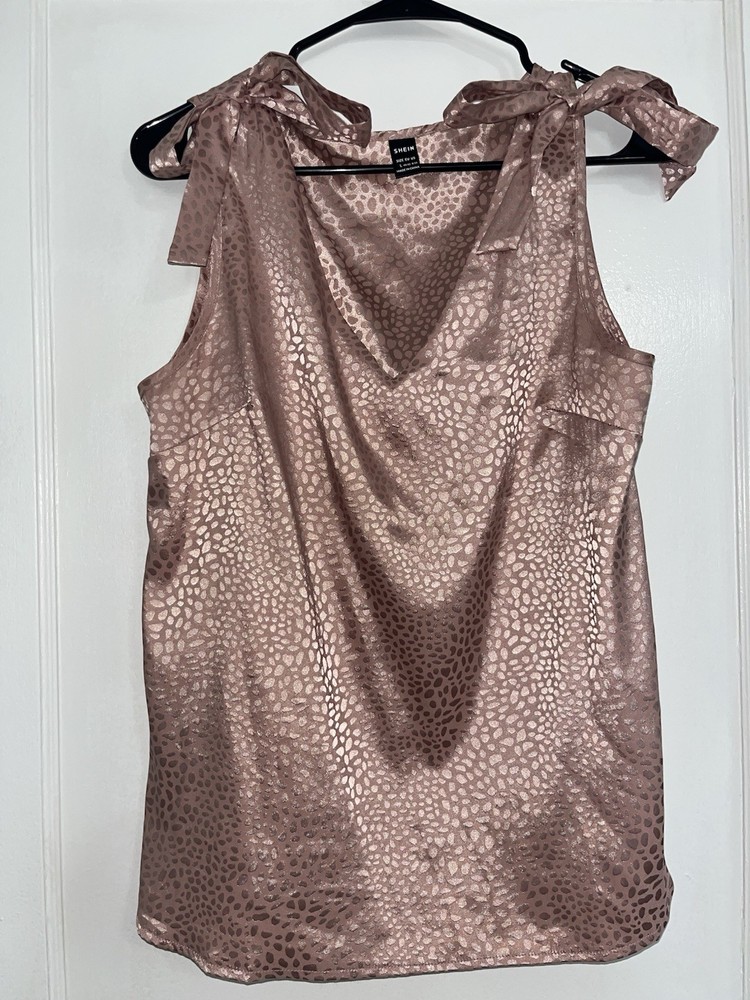 SHEIN Pink Satin Leopard Print Tie Shoulder Sleeveless V-Neck Blouse Size L