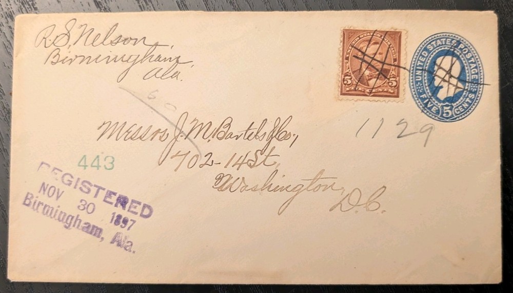 USA 1897 REGISTERED COVER Birmingham Alabama AL Postal Stationery Envelope Lot