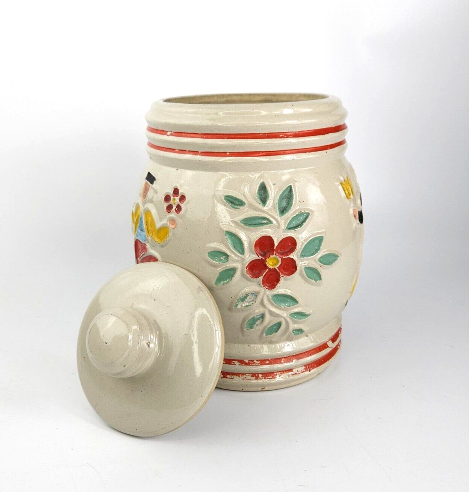 VTG Red Wing Pottery Glazed Crock Cookie Jar Pot Lid Dancing Pheasants Floral