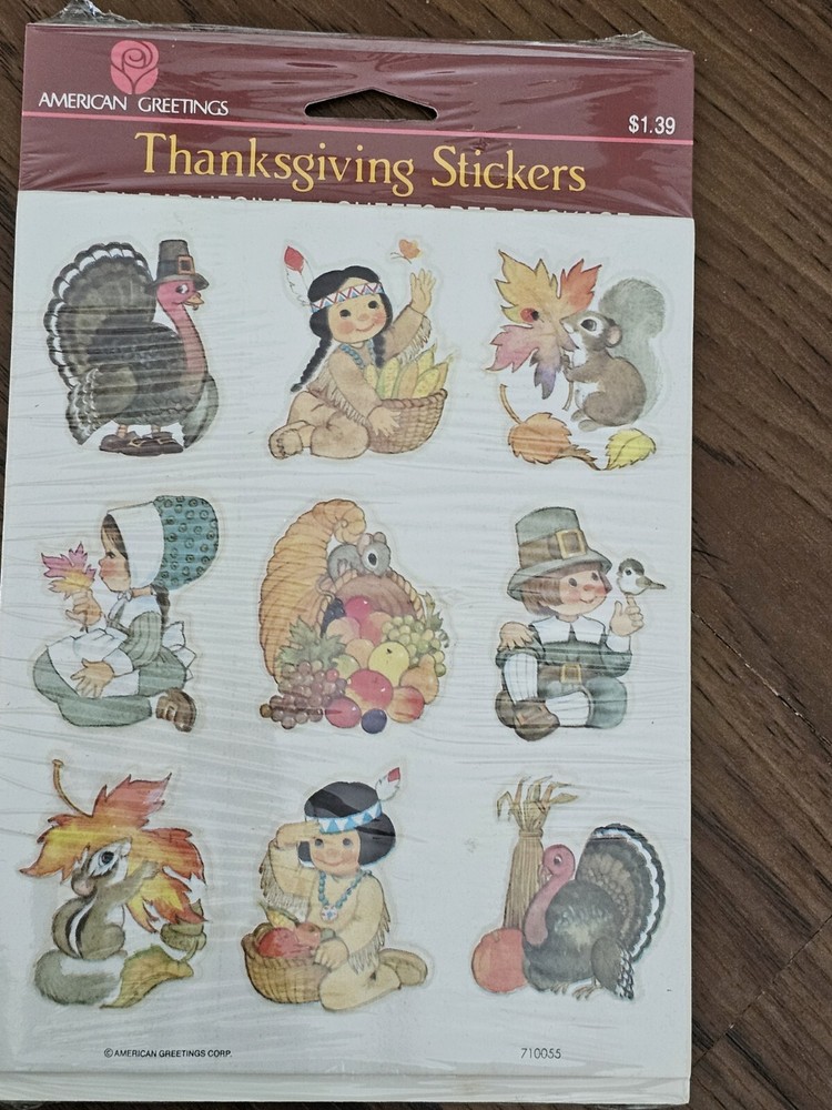 American Greetings Vintage Thanksgiving NIP Stickers Pilgrim  Turkeys 4 Sheets