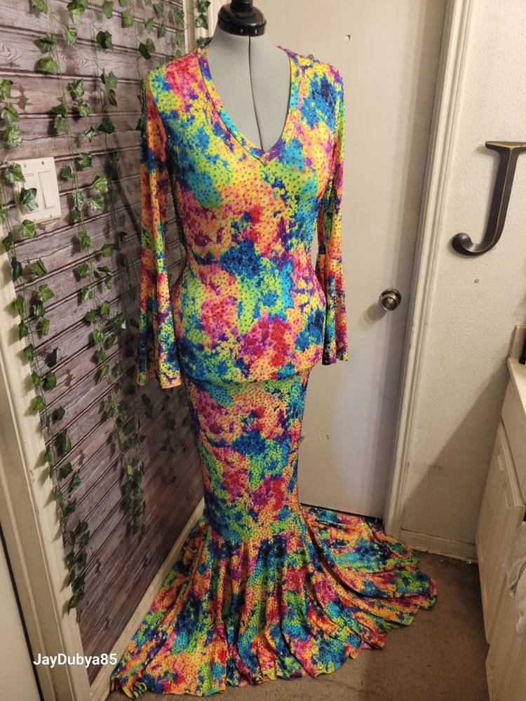 4-Way Stretch Rhinestoned Drag Queen Stage Gown Acid Splash Design-image