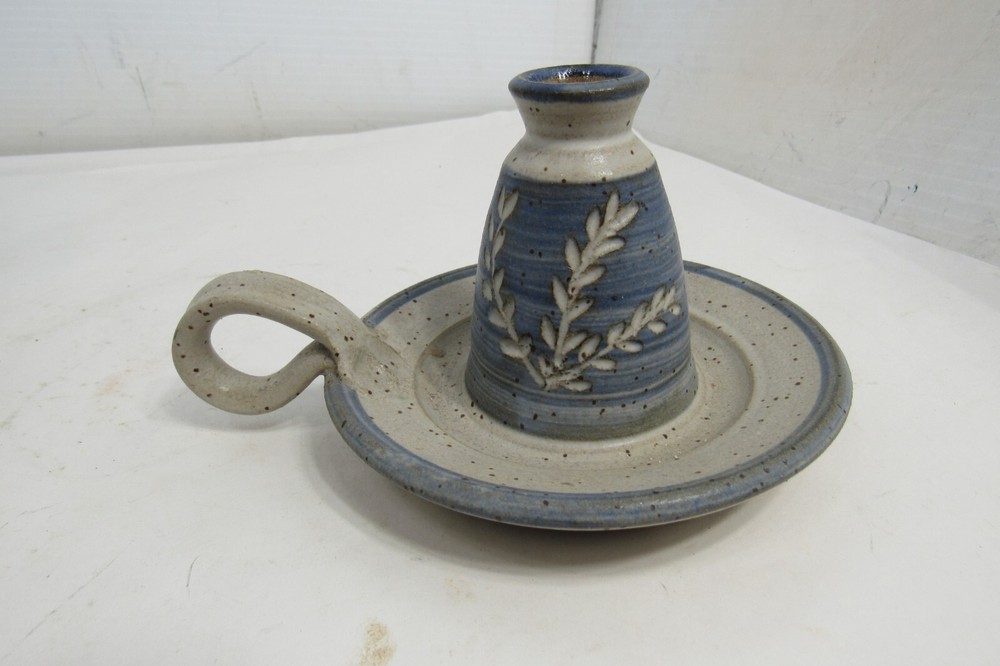 Studio Art Pottery Candle Stick Holder With Handle Artisan Signed JE  5