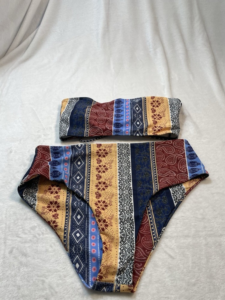Women's XL Boho Patchwork 2 piece Swimsuit Bandeau Lace up High Cut