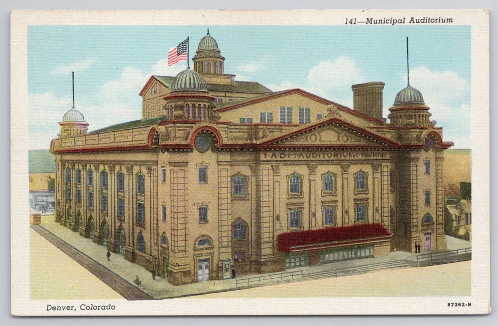 Denver CO Municipal Auditorium Linen Postcard Sanborn Souvenir c1930s