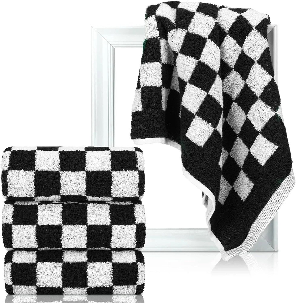 Bathroom Checkered Hand Towels Set of 4 Retro Checkerboard Bath Towels...