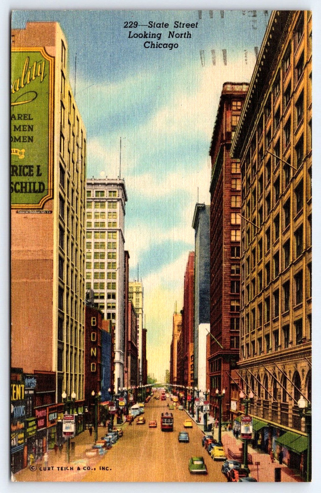 Chicago Illinois Il City Buildings Street View Cars Signs Vintage Postcard