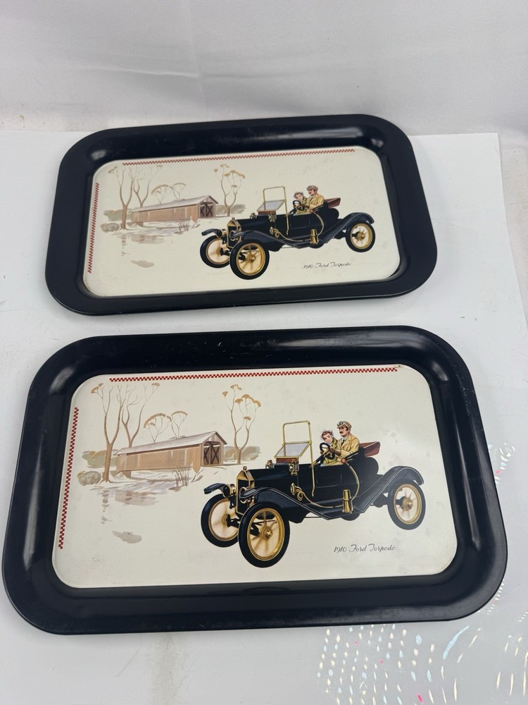 Vintage Metal Serving Tray Set of 2 1910 Ford Torpedo Classic Car