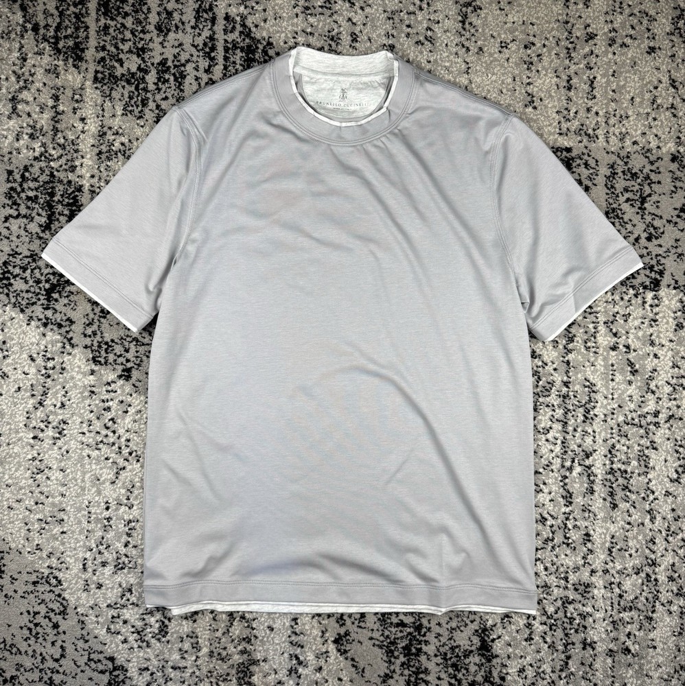 Brunello Cucinelli Silk Cotton Layered Crewneck T-Shirt Gray Mens L Italy