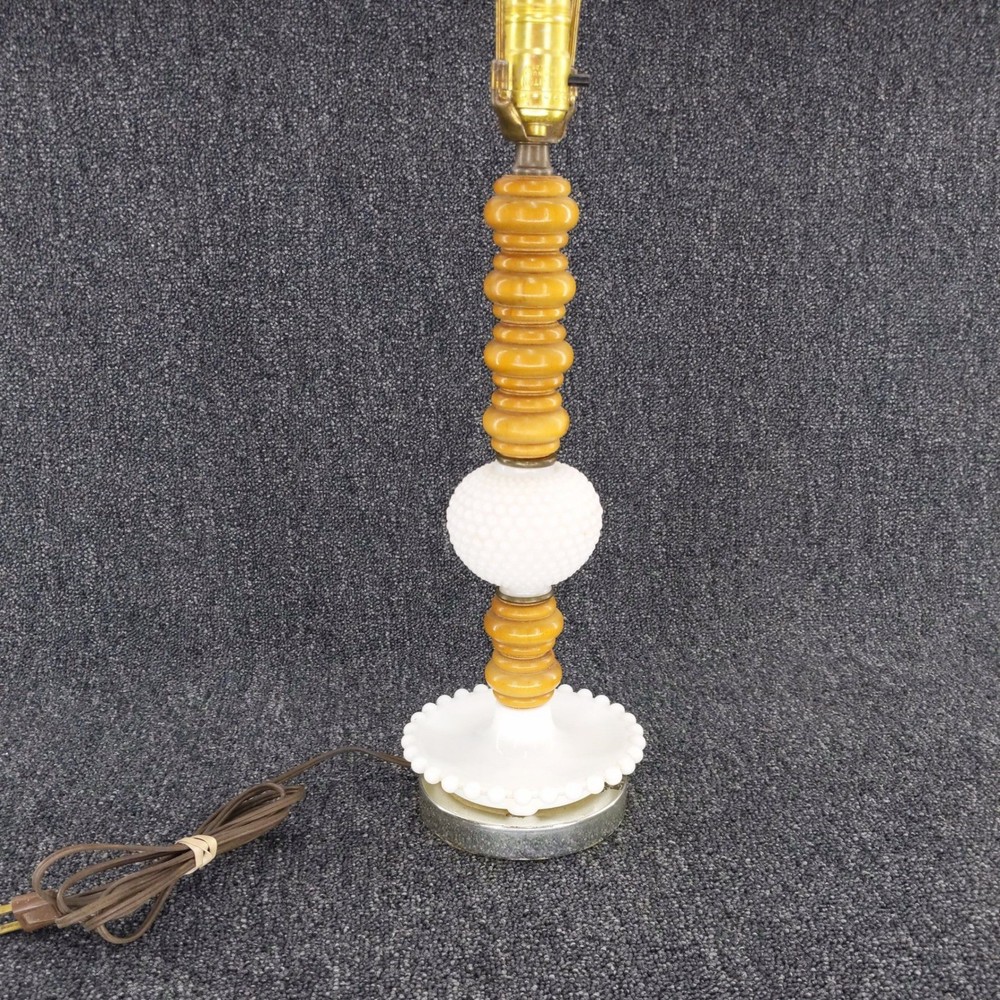 vtg Table Lamp Turned Wood and Hobnail Milk Glass MCM