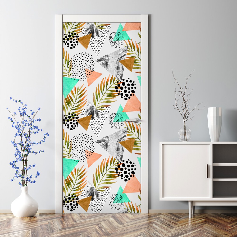 Abstract Tropical Bubble-Free Door Sticker with Watercolor Dots and Leaves-image