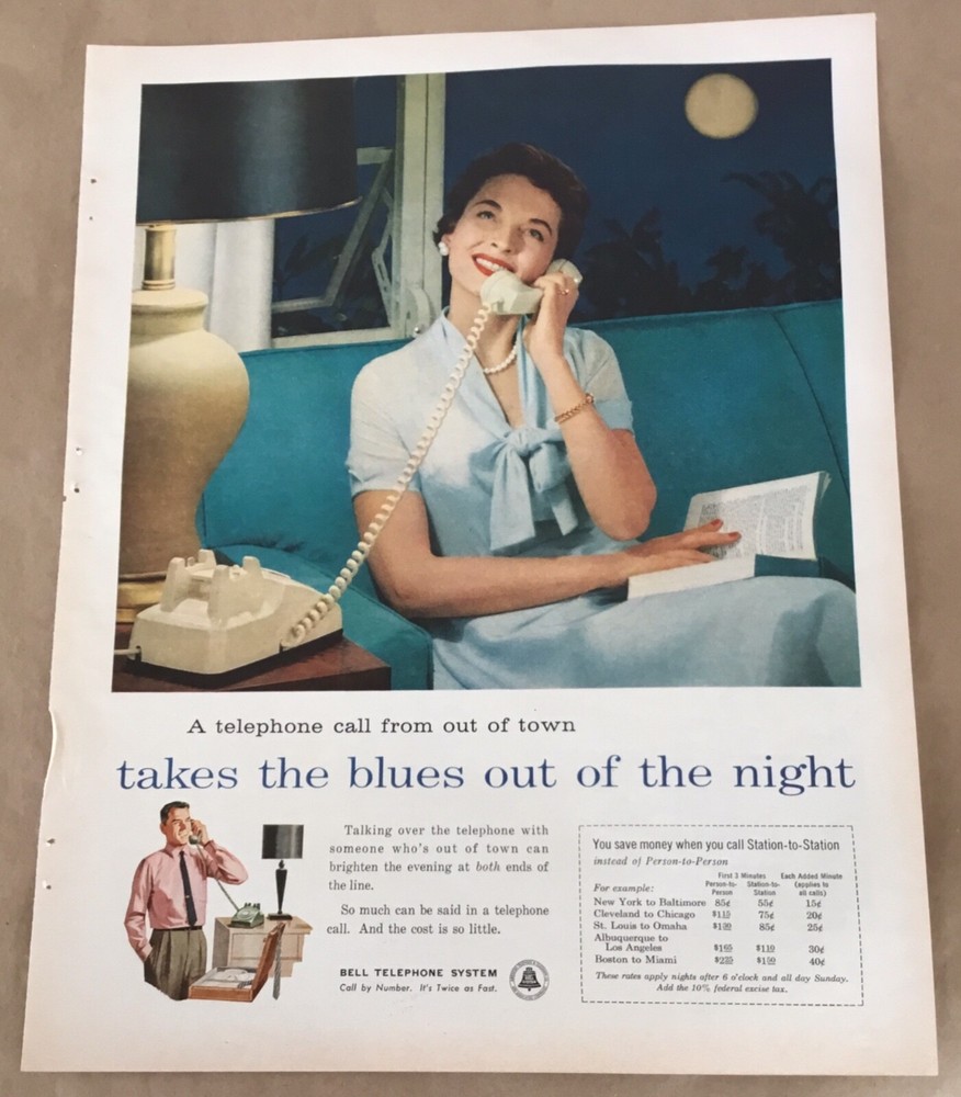 Bell telephone 1958 original vintage print ad 1950s retro model art girl night