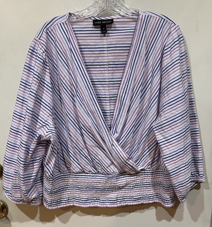 Lane Bryant Purple White Blue Stripe Smocked Faux Wrap Top Women’s Plus Size 22W