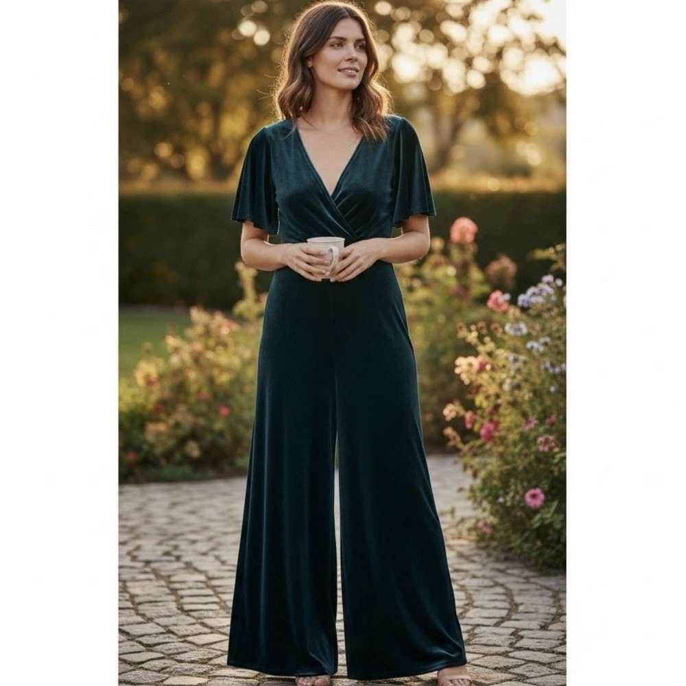 Anthropologie Greylin Teal Velvet Wide Leg Jumpsuit Flutter Sleeve Pockets MP