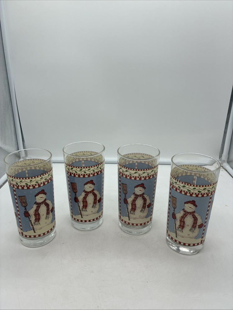 Debbie Mumm Anchor Hocking SET (4) Snowmen Tumbler Glass 6 1/4” 14oz Snowman USA