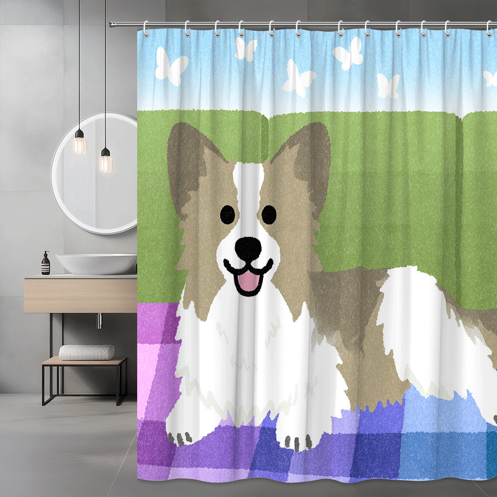 Corgi Shower Curtain, Cute Dog on Plaid Background, Animal Print