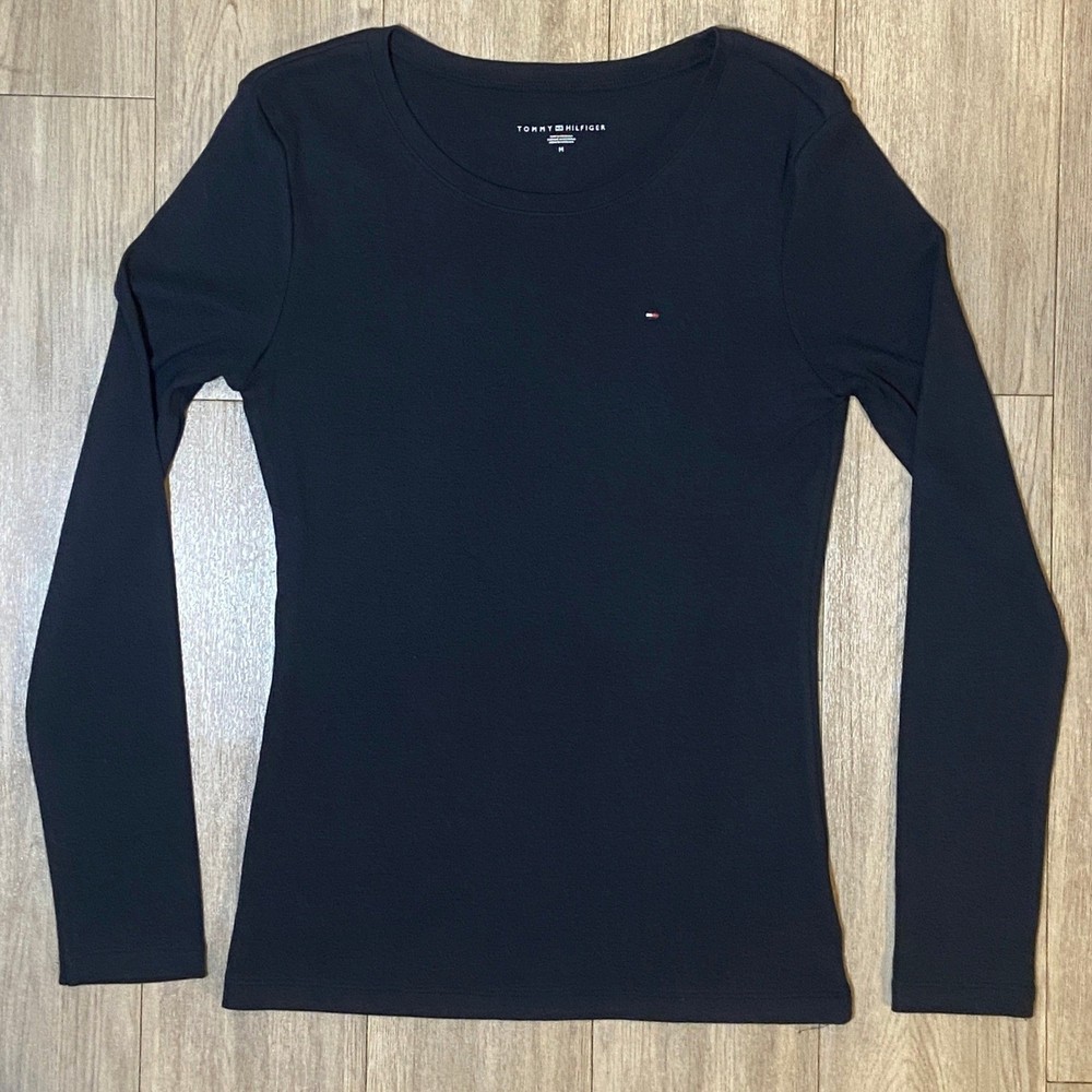 Tommy Hilfiger Women's Navy Blue Ribbed Long Sleeve Crew Neck Top Size M NWT