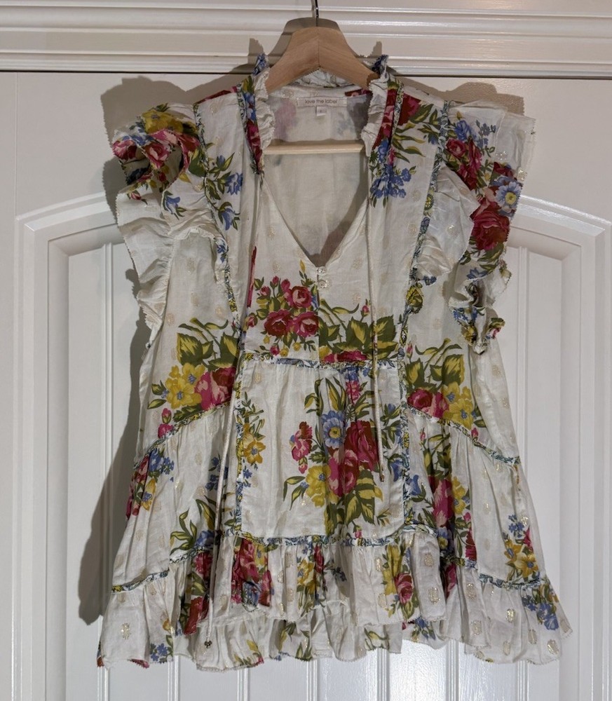 Love The Label Womens L Helena Top Ivory Floral Print Cottagecore  Fairy Peasant