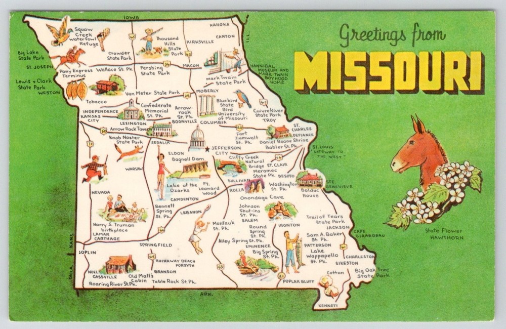 Vintage Greetings from Missouri Map Postcard - Dexter Press 