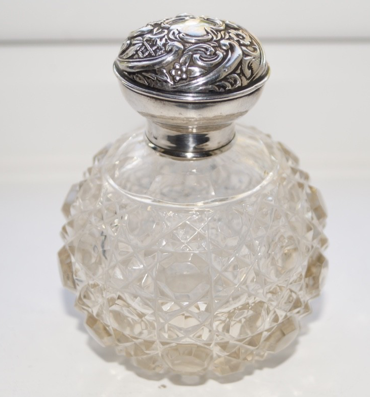 Antique Silver Topped Embossed Cut Glass Perfume Bottle - H Matthews 1908