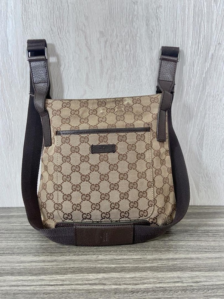 Gucci GG Beige Leather Canvas Shoulder Crossbody Bag Pre-Owned