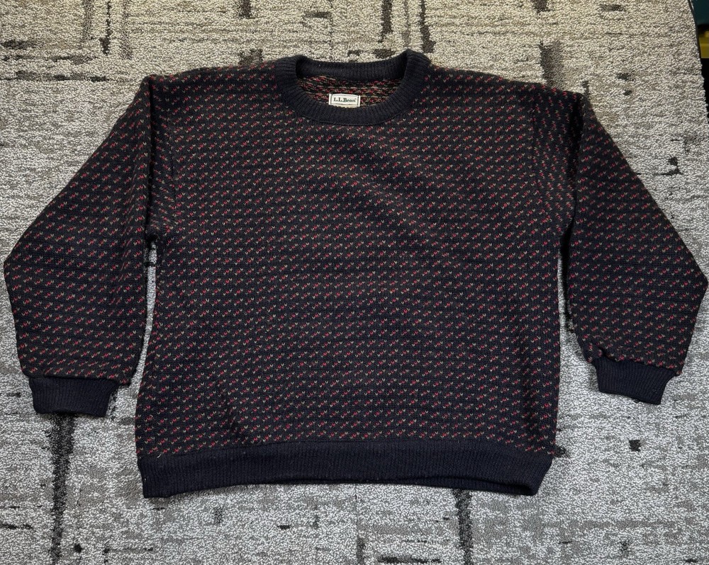 VTG LL Bean Birdseye Sweater Wool Norway Men's Large XL Red Blue Fisherman Crew