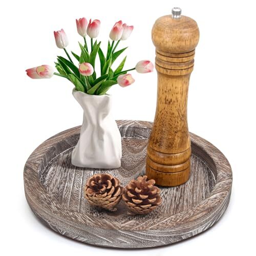 Round Decorative Wood Trays for Coffee Table Counter Farmhouse Kitchen 10 Inch