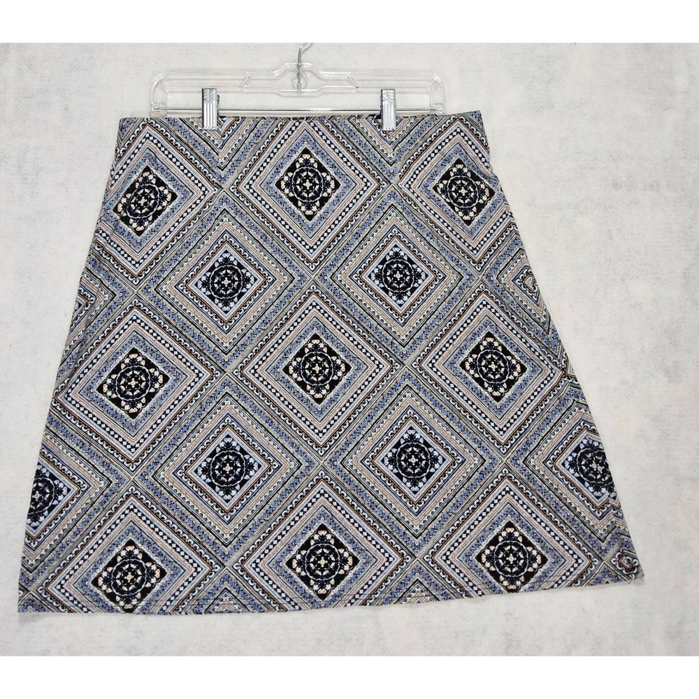 J Jill Skirt M 8 10 A-Line Blue Black Stretch Geometric Diamond Blue Floral