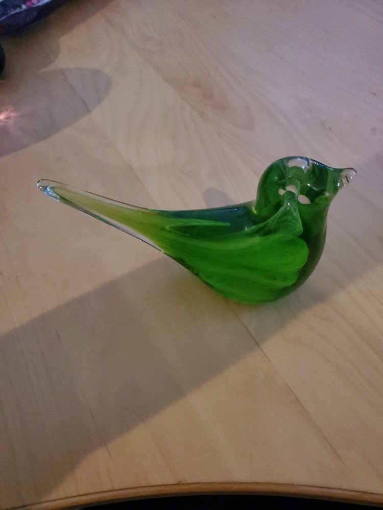 Handblown Clear Green White Swirl Art Glass Bird Figurine Vintage Paperweight 6
