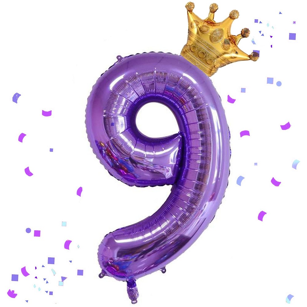40 Inch Purple Number 9 & Mini Crown Balloon for Birthday Party Decorations, ...