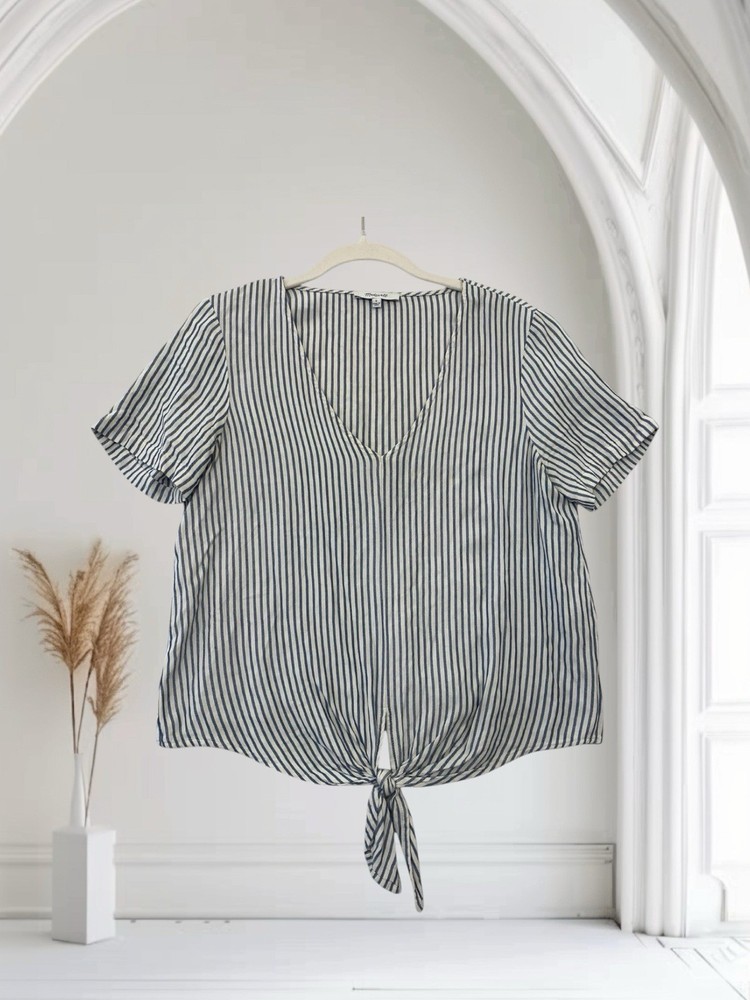 Madewell Women’s Novel Tie Front Top Size Small Blue Stripe Casual Chic $65