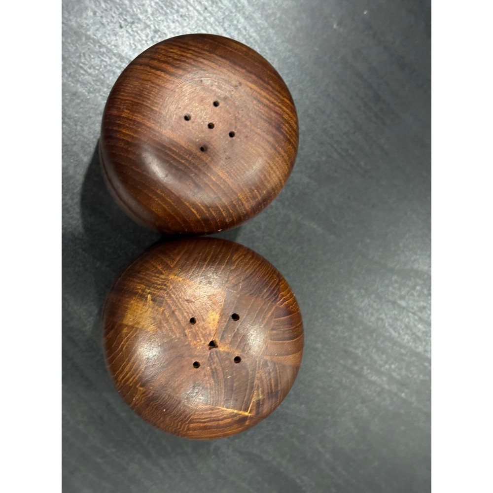 Vintage MCM Wood Salt and Pepper Shakers Set Mid Century Modern Barrel Brown