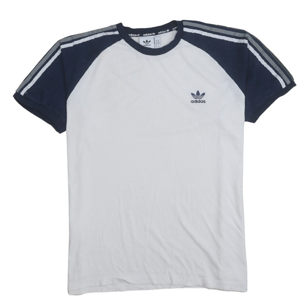 Adidas Mens T Shirt White Navy Cotton Trefoil Logo Three Stripe Raglan Tee XL