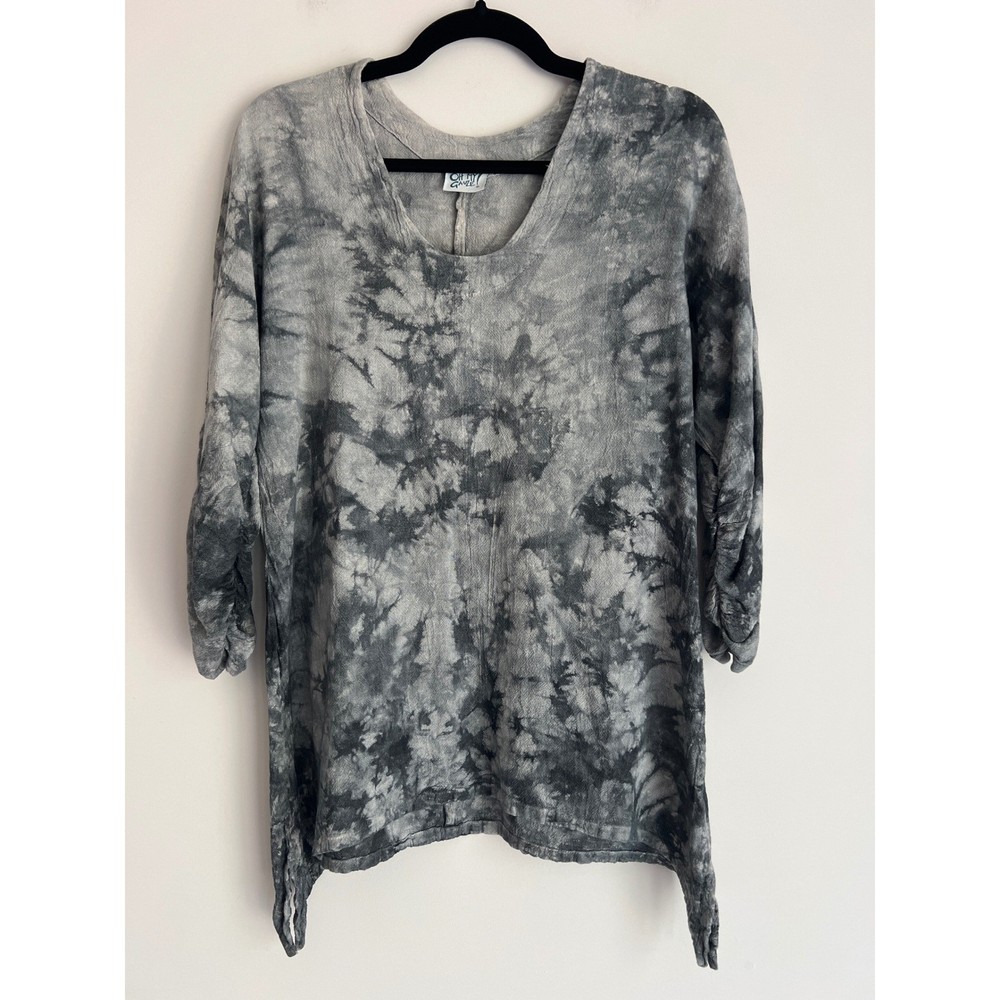 Oh My Gauze Grey Tie Dye Cotton Tunic V-Neck Ruched 3/4 Sleeve Blouse Size Small