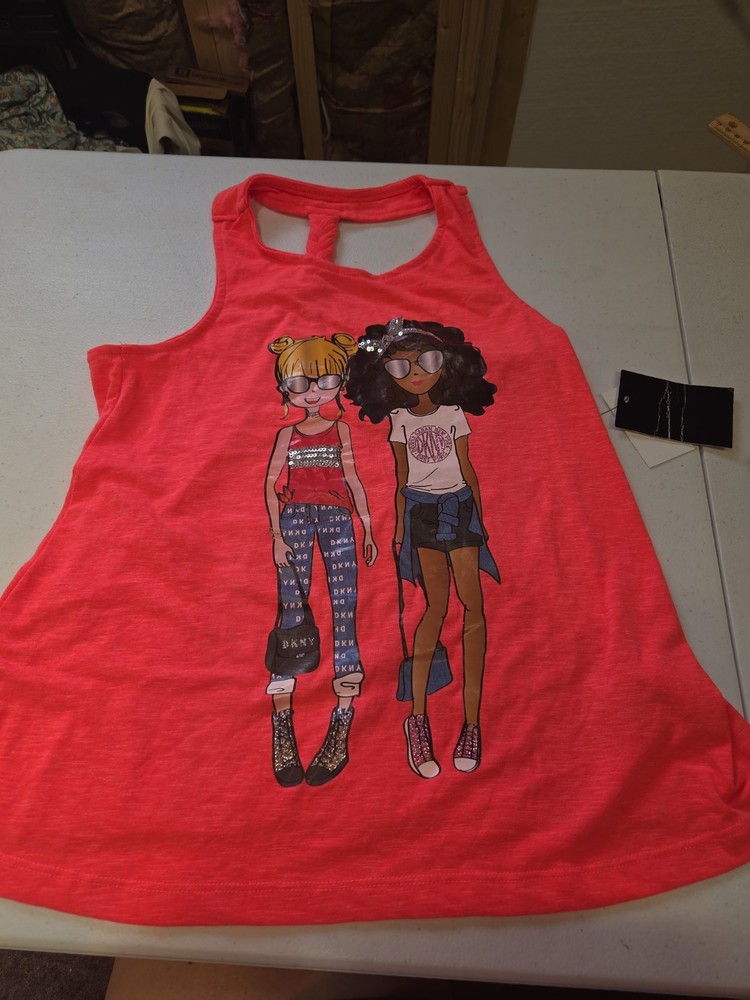 DKNY Girls Tank Top Size 12 Diva Pink Sequin Glitter Graphic Racerback NWT