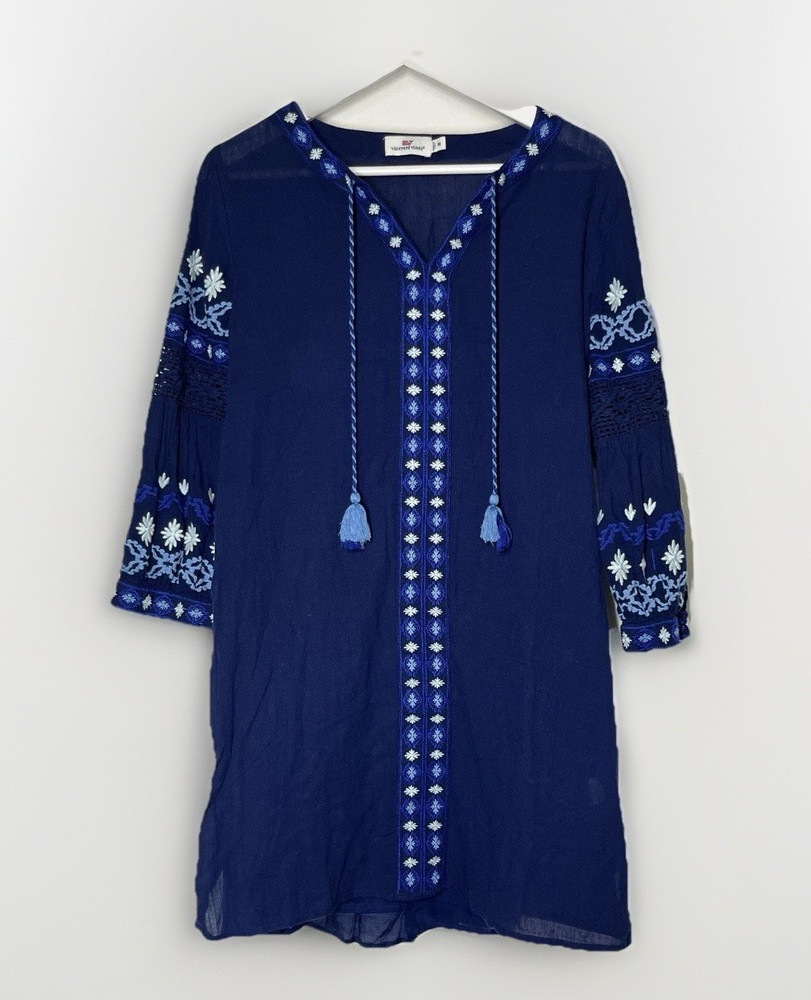 Vineyard Vines Embroidered Pintuck Dress Size Medium Navy Blue Boho Cotton