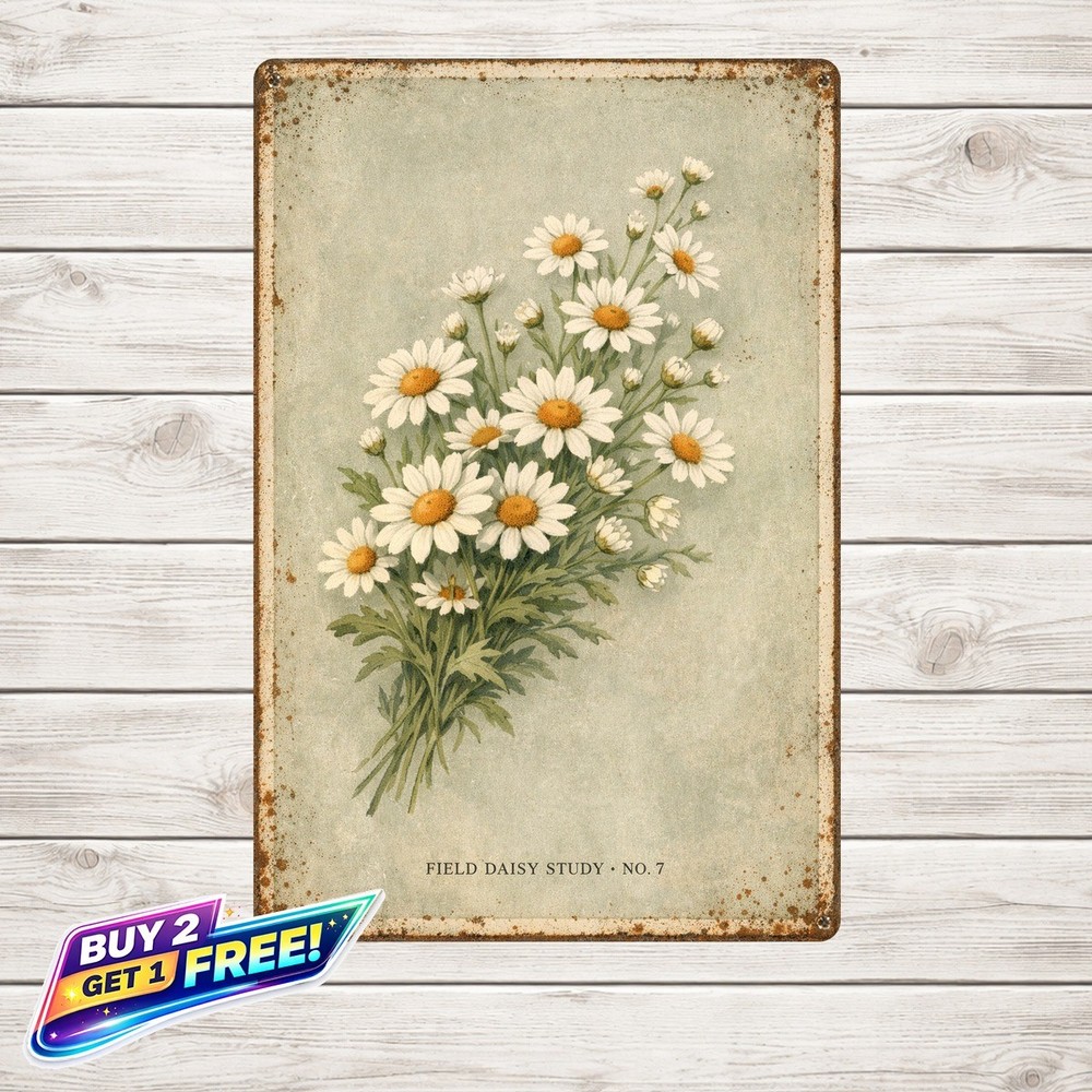 White Daisy with Dew Drops Nature Art Metal Tin Sign 8x12