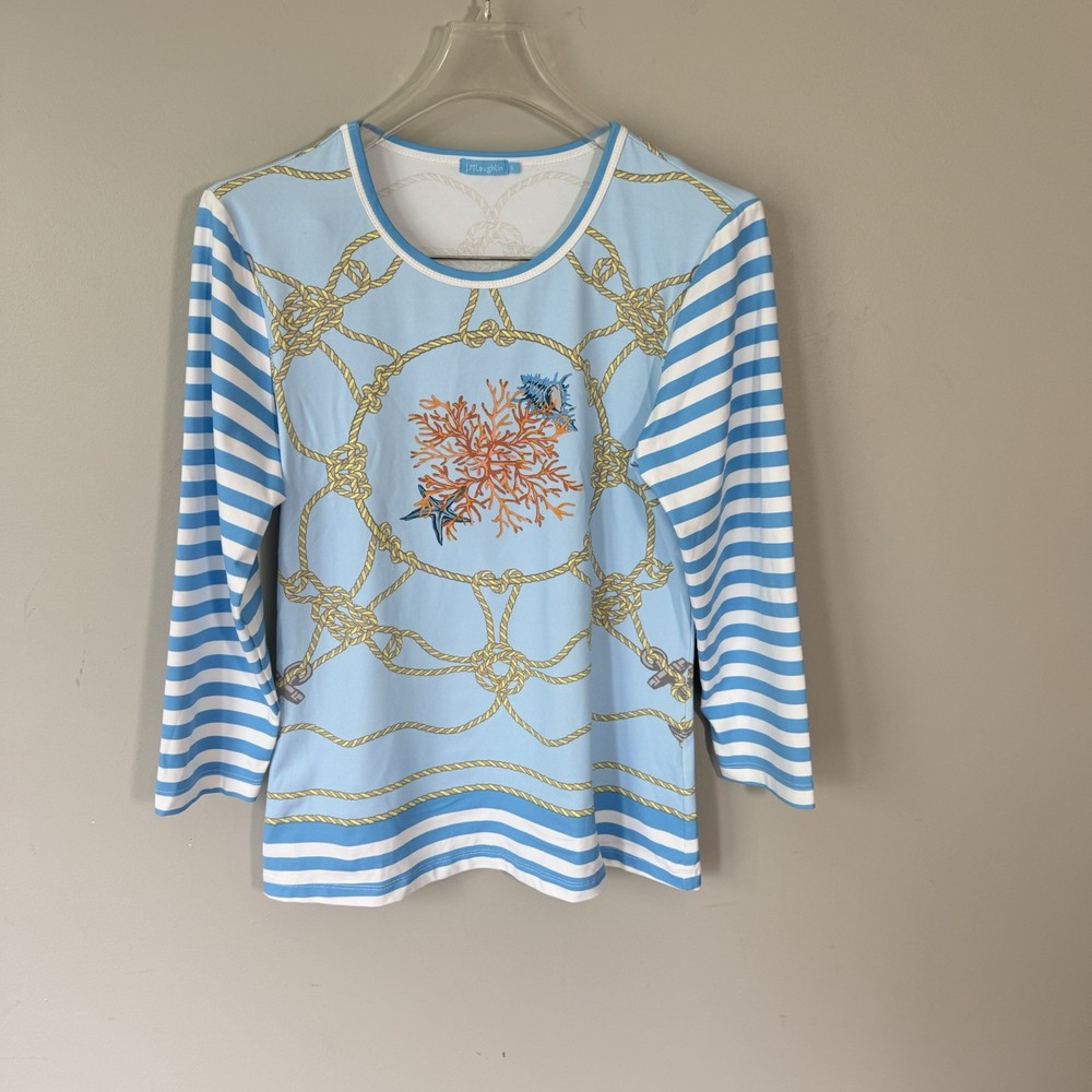 J. McLaughlin Nautical Signature Tee Catalina Cloth Stretch Preppy Blue Size S